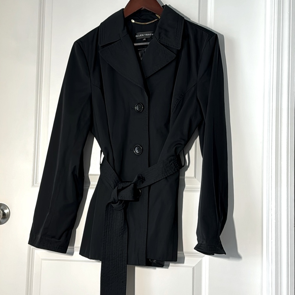 Ellen Tracy Black Belted Short Trench Coat